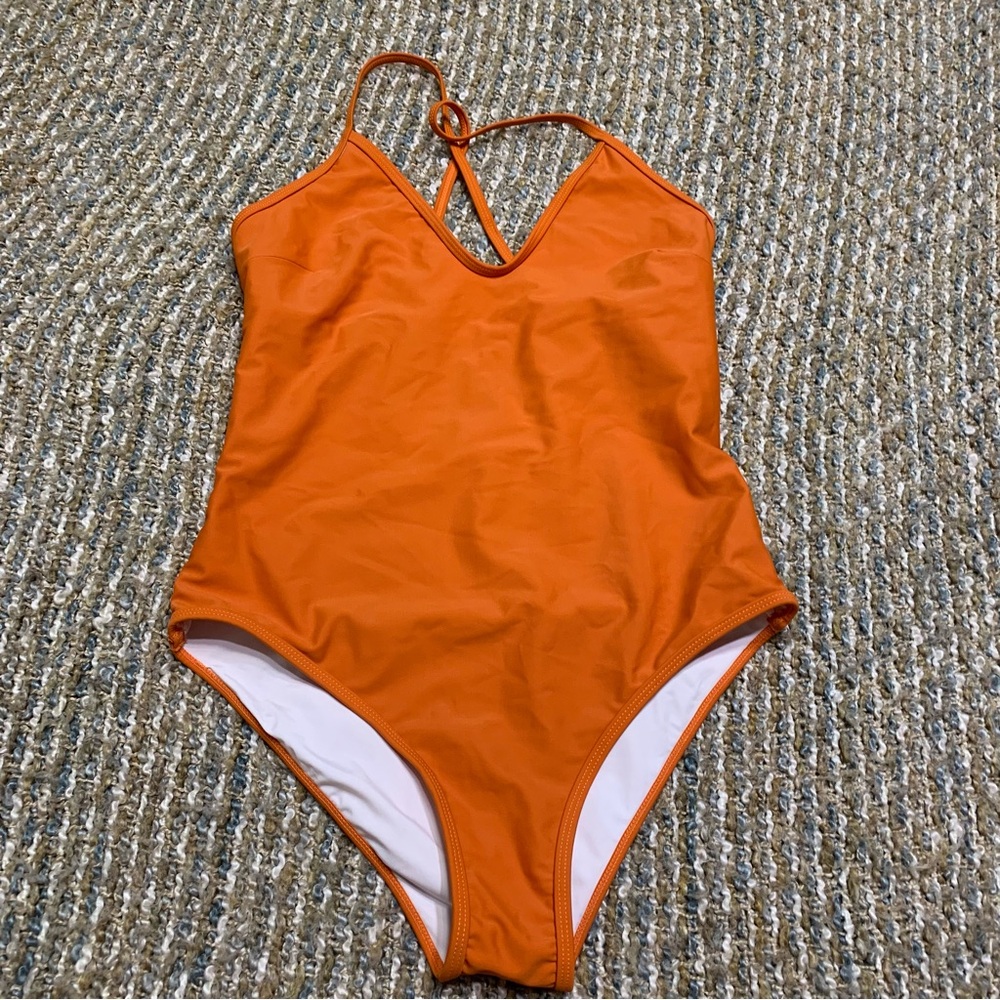 Orange V-Neck One Piece Swimsuit Adjustable Cross Back Straps Size L